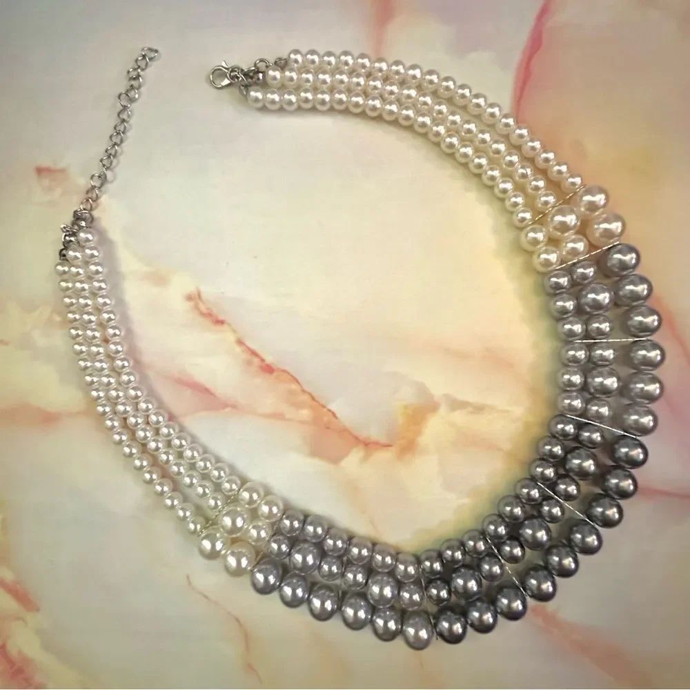 3 strand faux pearl statement necklace